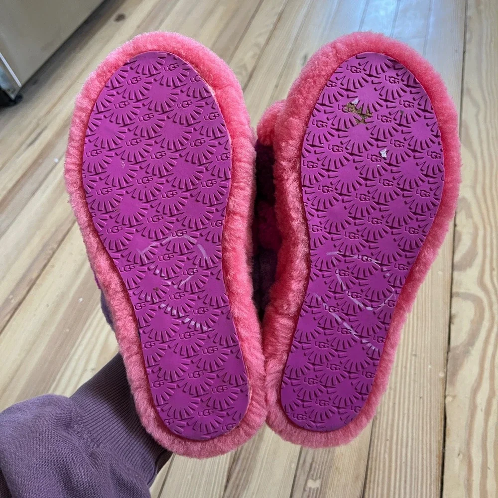 UGG Fluff Yeah Slide Pink Purple Striped Sheepskin Slingback Sandals Kids Size 2
